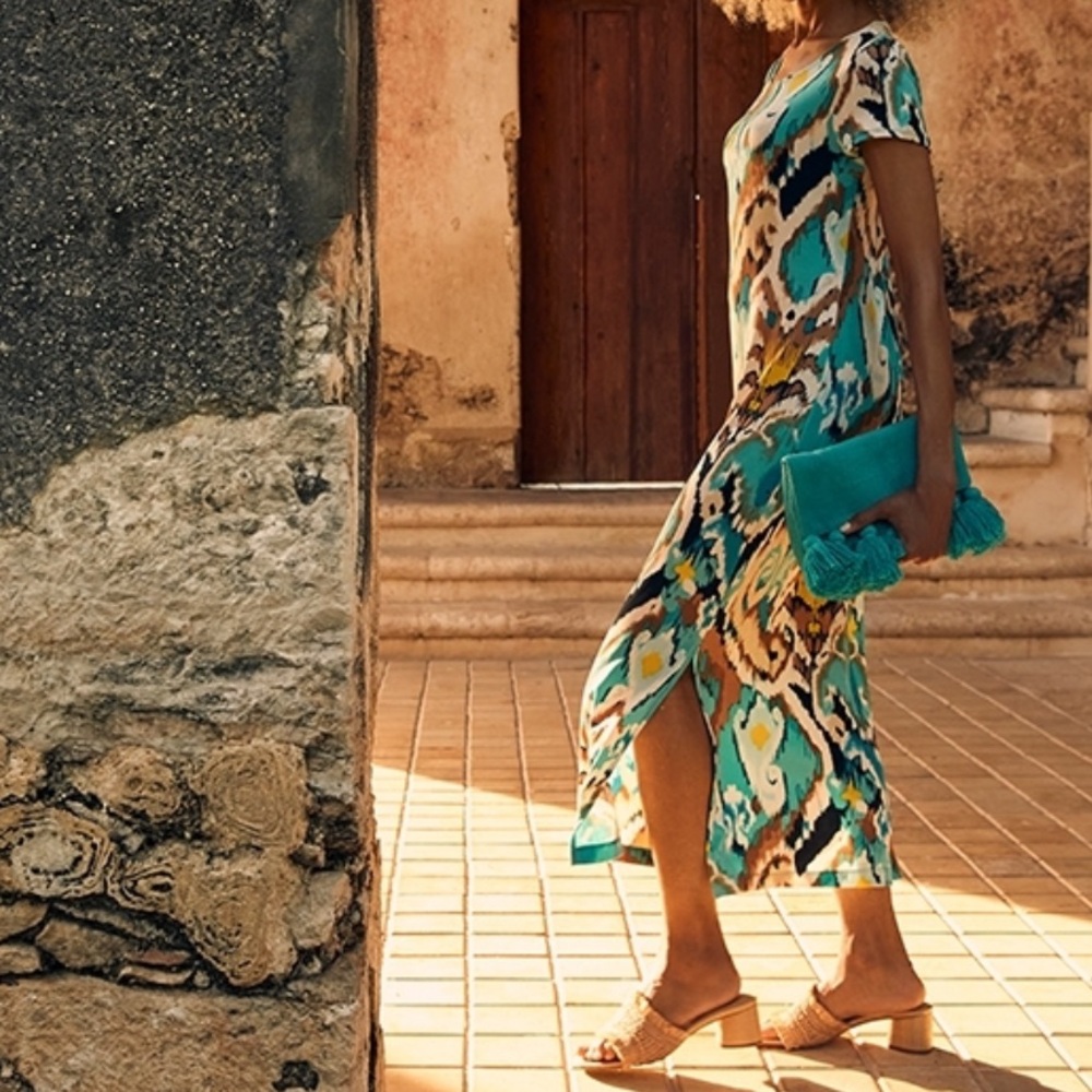 Chico's Travelers Ikat Abstract Midi Dress Slit Teal Multicolor 3 Petite / 16-18